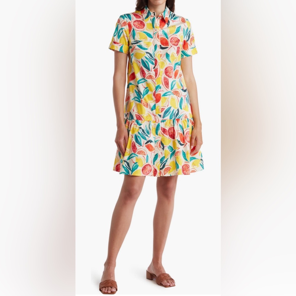 Donna Morgan - Fruit Print Short Sleeve Shirtdress in Soft White/Flame
